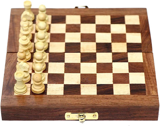 Best Folding Wooden Chess Board Set Non- Magnetic Closure with Storage for Pieces Portable Felt Interior for Adults & Kids