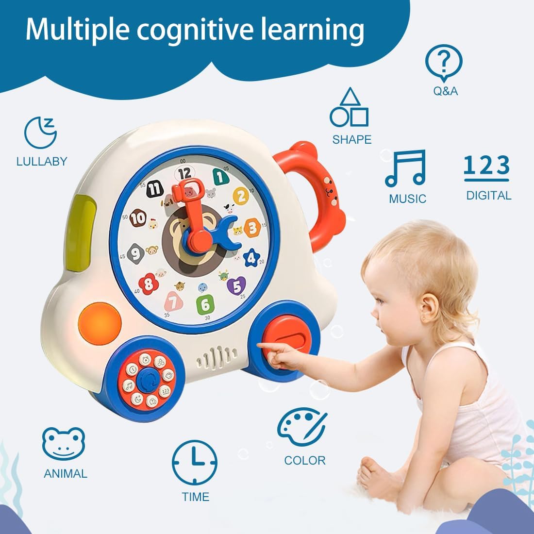 Toddlers Learning Clock Toy, Kids Educational Telling Time Teaching Clock with Music Shape Number Color Animal and Q&A Mode, Baby Toy Gift for Child Boys Girls Ages 18 Months+