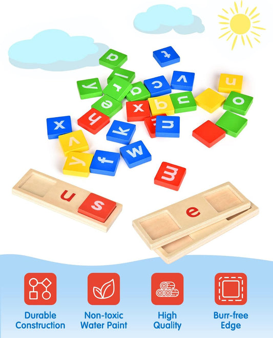 Wooden Short Vowel Reading Letters Sorting Spelling Games, Sight Words Flashcards, Alphabet Puzzle Educational Toy for Kids Toddles 3-6 Years Old