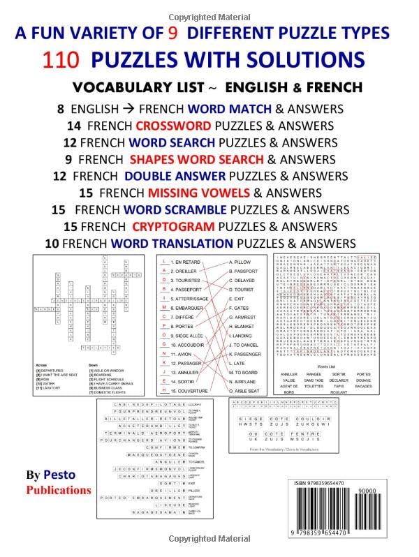 LEARN FRENCH with WORD PUZZLES: AT THE AIRPORT / À L'AÉROPORT: Crossword Puzzles, Word Scramble Puzzles, Word Search Puzzles, Cryptograms, Fun Shapes ... Word Match Puzzles & Double Answer Puzzles!