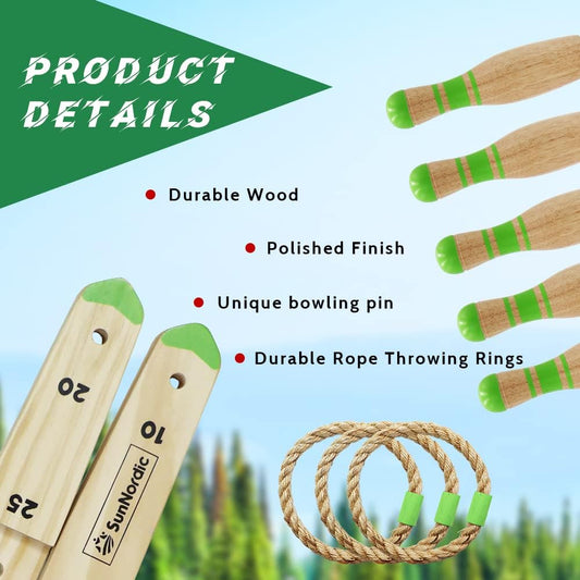 Wooden Ring Toss Game Set, Combined 2 in 1 Backyard Throwing Game and Bowling Game with 6 x Rope, 2 x Ball, 10 x Bowling Pin & Carry Bag, Outdoor Yard Toss Game for Kids, Adults and Family
