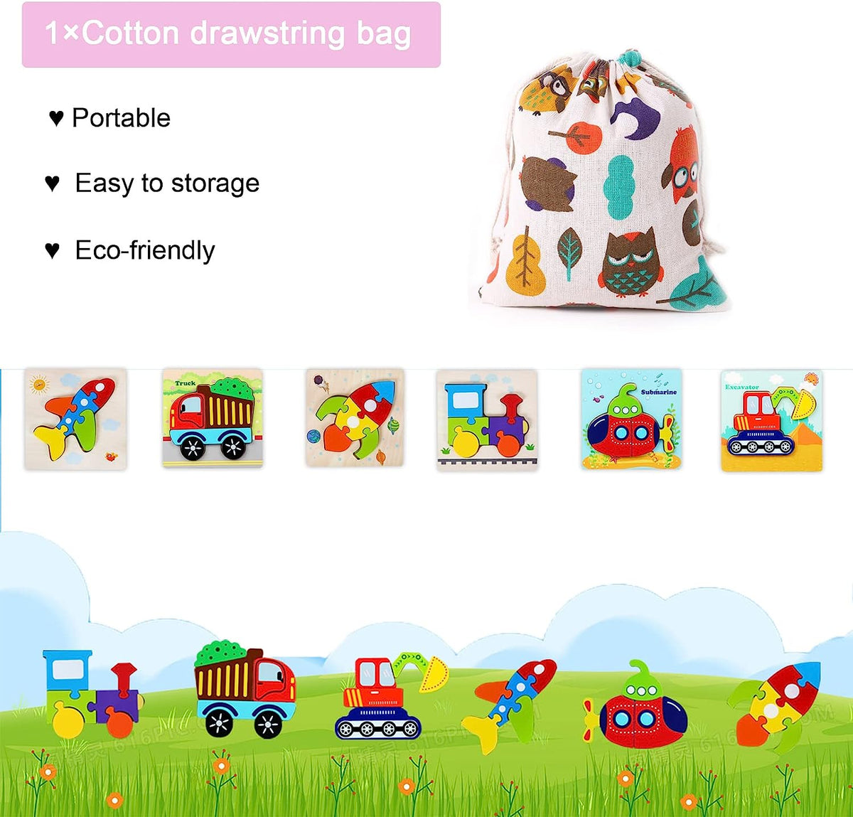 Wooden Puzzles Toys for 1 2 3 Year Old Boys Girls Toddlers, 6 Packs Jigsaw Puzzles Toys with Storage Bag, Learning Educational Toy for Baby Kids Child in Chris as Birthday