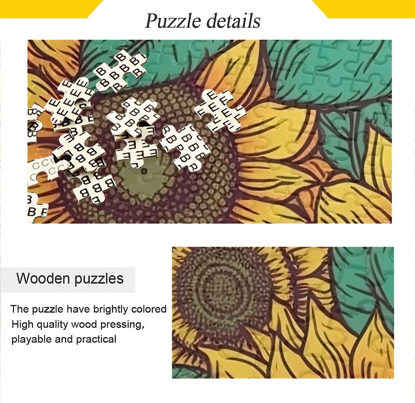 Wooden Jigsaw Puzzle 1000 Pieces Retro Sunflowers Print, Zigsaw with Alphabet Partition Storage Bag Easy to Solve for Adults