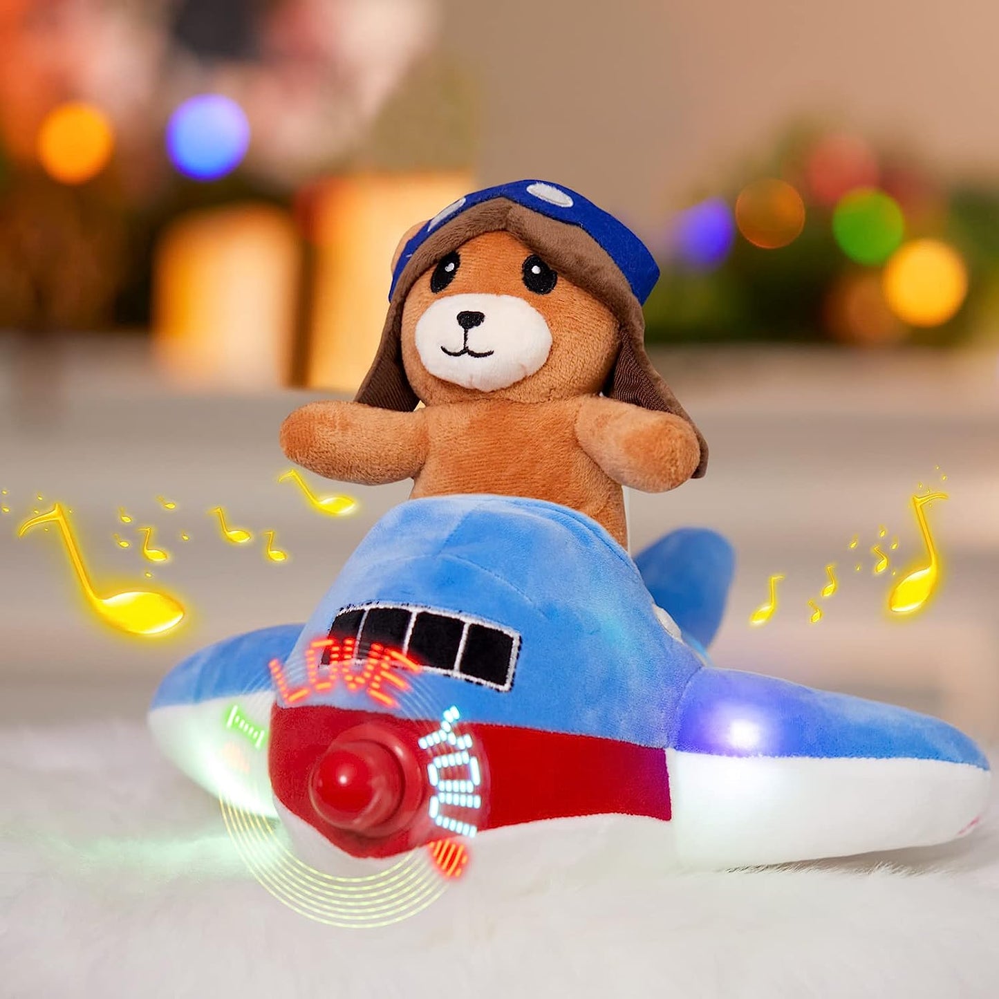 Light up Musical Bear Airplane Stuffed Animal Rotating Propeller Showing LED 'I Love You' with Cute Removable Bear Pilot Plush Toy Birthday Valentine's Day Gifts for Women Boys Girs, 10''