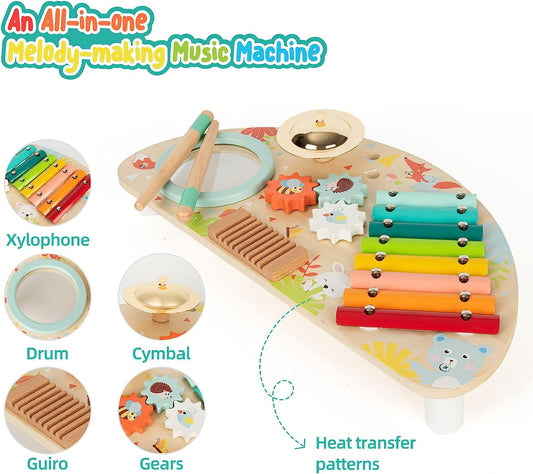 Baby Toys Musical Instruments, All-in-one Wooden Musical Set for 1&2Y (Includes Xylophone Drum Cymbal Guiro Gears), Gifts for 1+ Year Old Girl Preschool