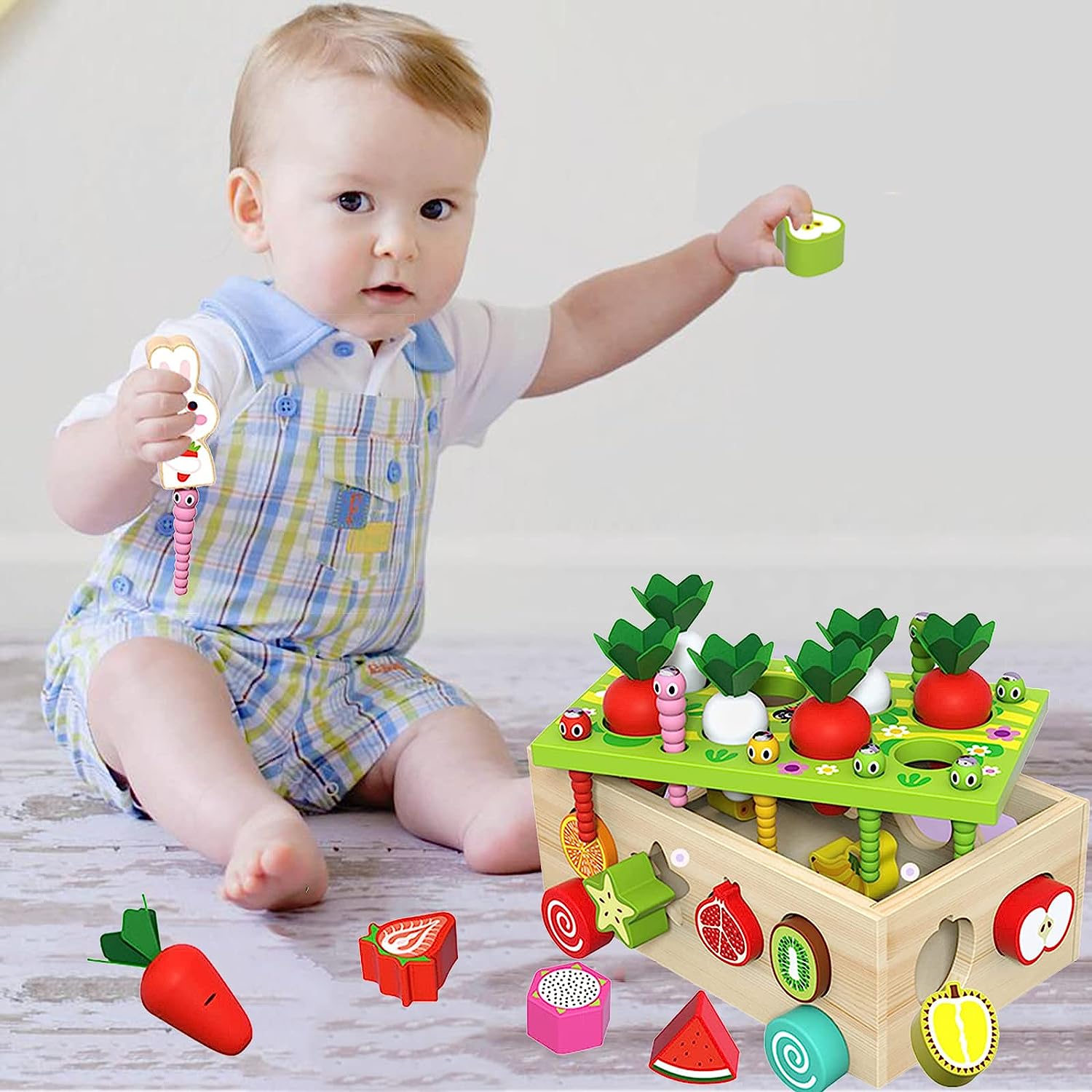 Wooden Toys for Toddlers, Preschool Educational Learning Toys for Boys Girls, Carrot Harvest Toys Set Shape Sorter Toy Fine Motor Skills Puzzle Game Kids Gift