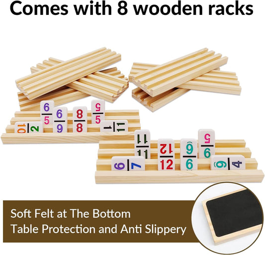Mexican Train Dominoes Set with Numbers and 8 Wooden Trays/Racks, Double 12 Dominos Travel Set with 8 Tiles Holders, 91 Tiles Double12 Colored Dominoes Game Set with Portable Case for Families