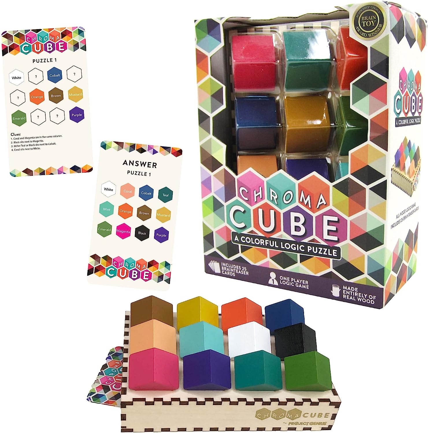 Chroma Cube, A Colorful Logic Puzzle, 12 Colorful Wood Blocks, 25 Brainteaser Cards, Puzzle, Great Gift, 1 Player Game Logic