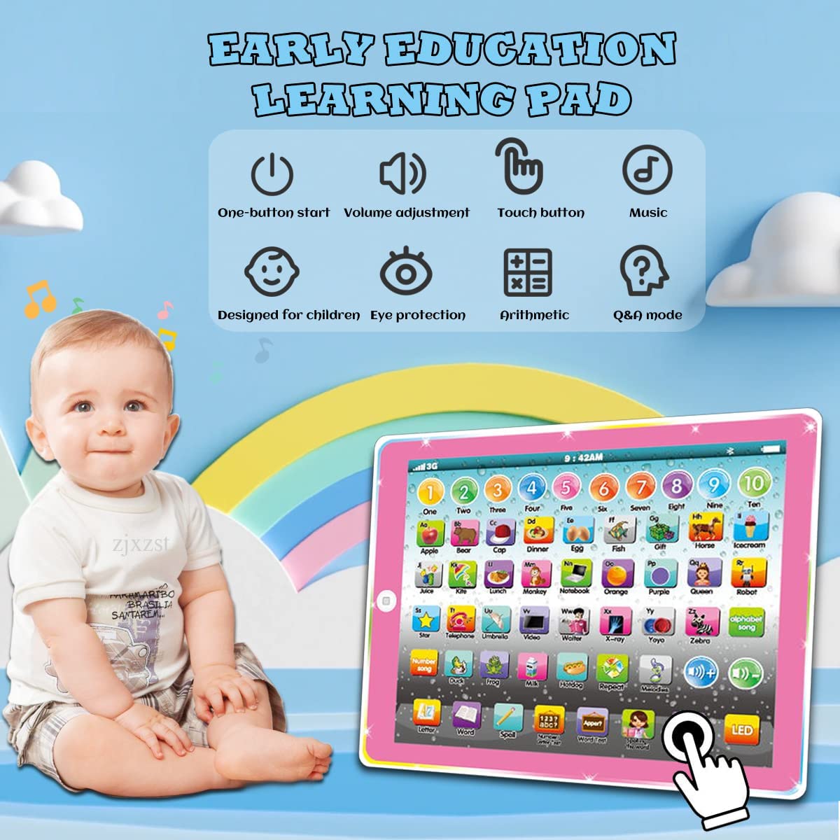 Kids Tablet Learning Pad Toddler Tablet with ABC Word Song Music Number Electronic Interactive Toy for Educational Preschool Boys & Girls 3-8 Years Old