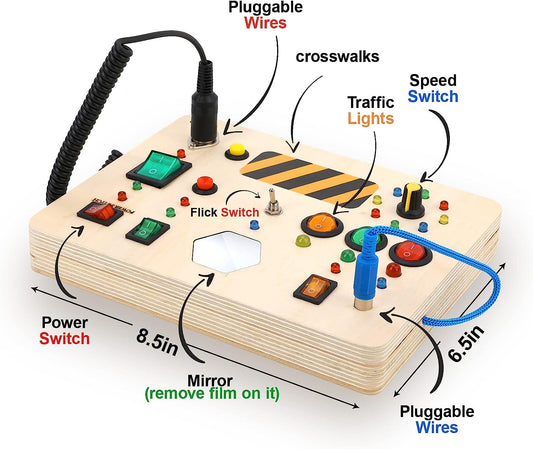 Switches Busy Board for Toddlers Light Switch Toys for Kids with Led Lights Up Pluggable Wires, Toys with Buttons to Push for Kids Aged 3+ Boys Girls Gift Educational Learning Fidget Toy
