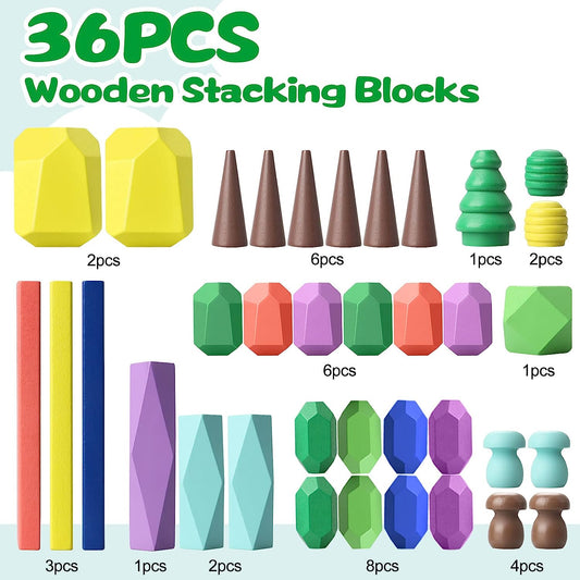Toys for 3 Year Old Boys Girls, 36 PCS Colorful Wooden Sorting Stacking Rocks, Sensory Toys for Toddlers 3-4 Building Blocks for Kids Ages 4-8, Preschool Learning Activities for Home School