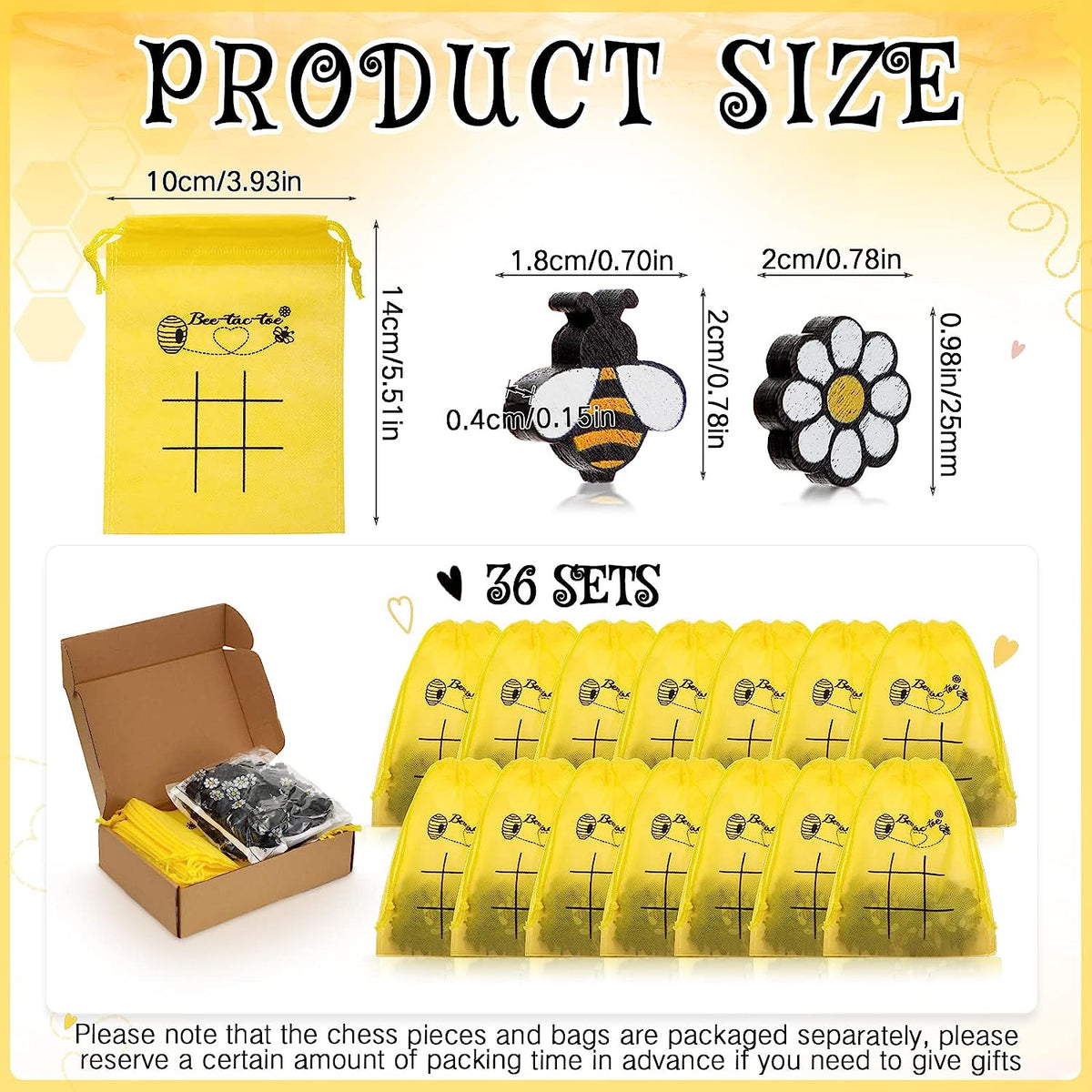 36 Sets Bee Tic Tac Toe Board Game Bee Theme Birthday Party Favors for Kid, 360 Pcs Mini Bee Wood Pieces with 36 Honeybee Non Woven Drawstring Gift Bags for Boy Girl Bee Baby Shower Party Supplies