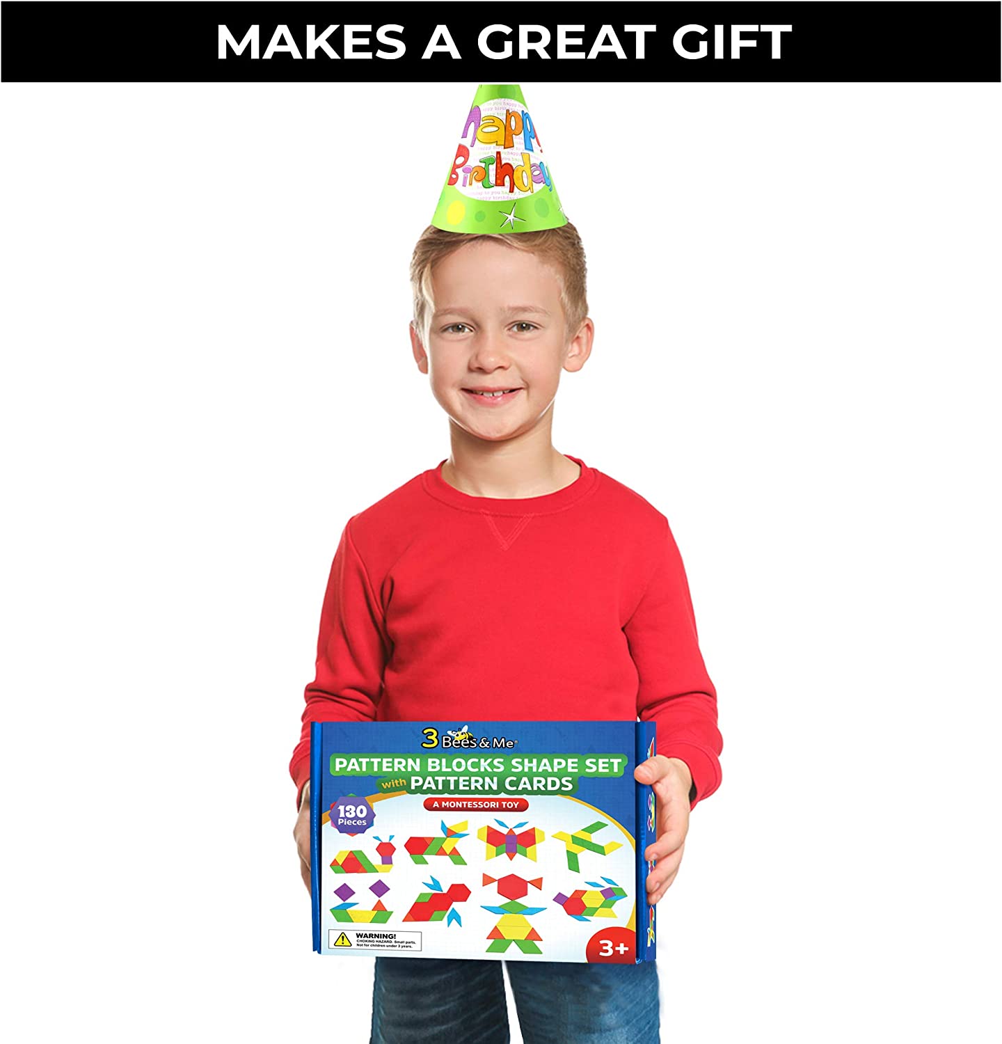 Wooden Pattern Blocks - Fun Learning Toys for Ages 3 to 9 - Tangram Shapes Puzzle Set with 155 Pieces