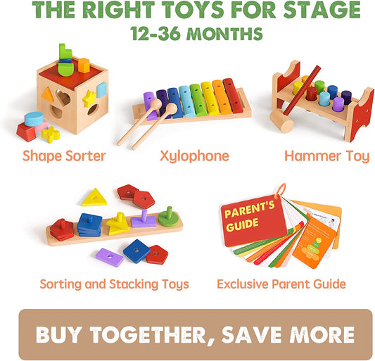 Toys for 1 Year Old - 4 in 1 Wooden Fine Motor Skills Toy Set Include Stacking & Sorting, Xylophone and Hammer Toy, Gift for Boys and Girls Aged 12+ Months