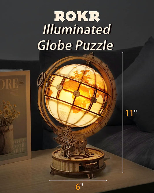 3D Wooden Puzzles for Adults-LED Illuminated Wooden Globe Puzzle-Model Building Kits-Room Decor for Teen Girls Boys Women Men