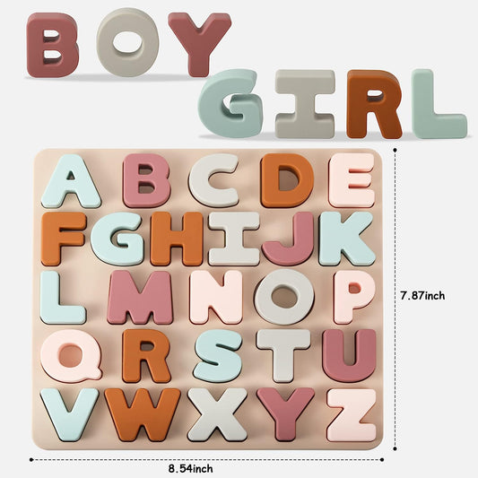 Silicone Alphabet Puzzle for Toddlers 1-3, Alphabet Toys with Puzzle Board & Letter Blocks ABC Letter Puzzles, Educational Learning Toys for Toddlers, Best Preschool Education Gift