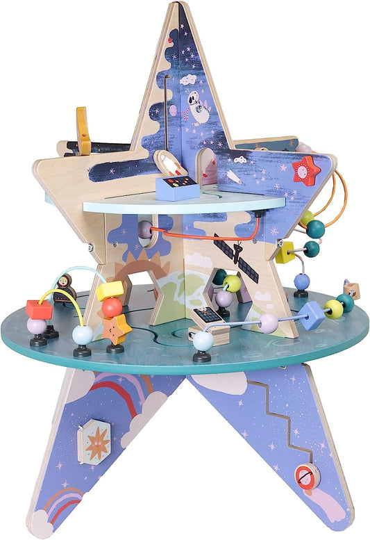Double-Decker Celestial Star Explorer Wooden Activity Center with Shape Gliders, Spinners, Bead Runs and Alluring Artwork