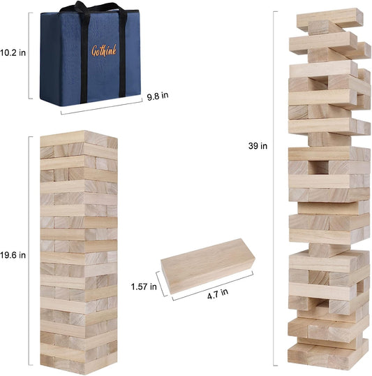 Get Ready for Fun Jumbo Wooden Tumbling Tower Game - Over 3.2 FT Tall, 60pcs with Carry Case, Perfect for Outdoor Parties and Family Game Nights