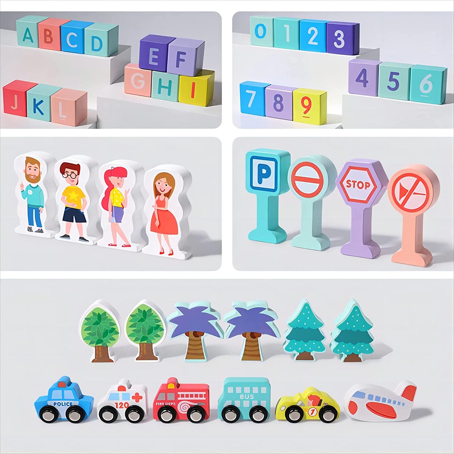 Wooden Building Blocks Set 108 Pcs Toys for Toddler Kids and Childern Educational Bricks with Buildings, Alphabet, Number and Transportation Toy