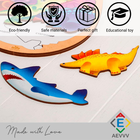 Dinosaur Wooden Puzzle Set 12 Piece - Dino Wood Jigsaw - Puzzle with Individual Figures in Wooden Frame - Dinosaur Educational Toys