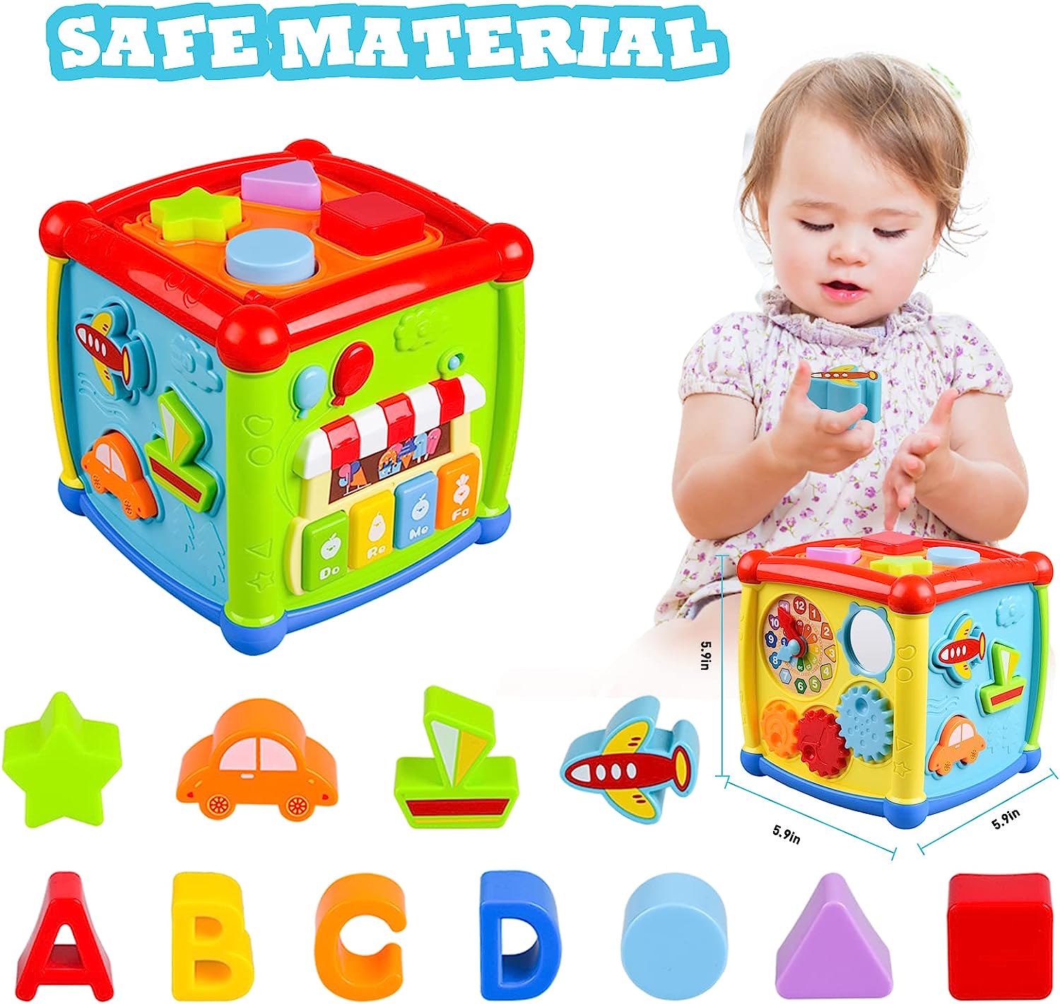 Activity Cube Baby Toddler Toys for 1 2 3 Year Old, 6 in 1 Educational Toy, Music Enlightenment, Letter Learning, Shape Sorting Game, One Year Old Birthday Gifts for Boys Girls