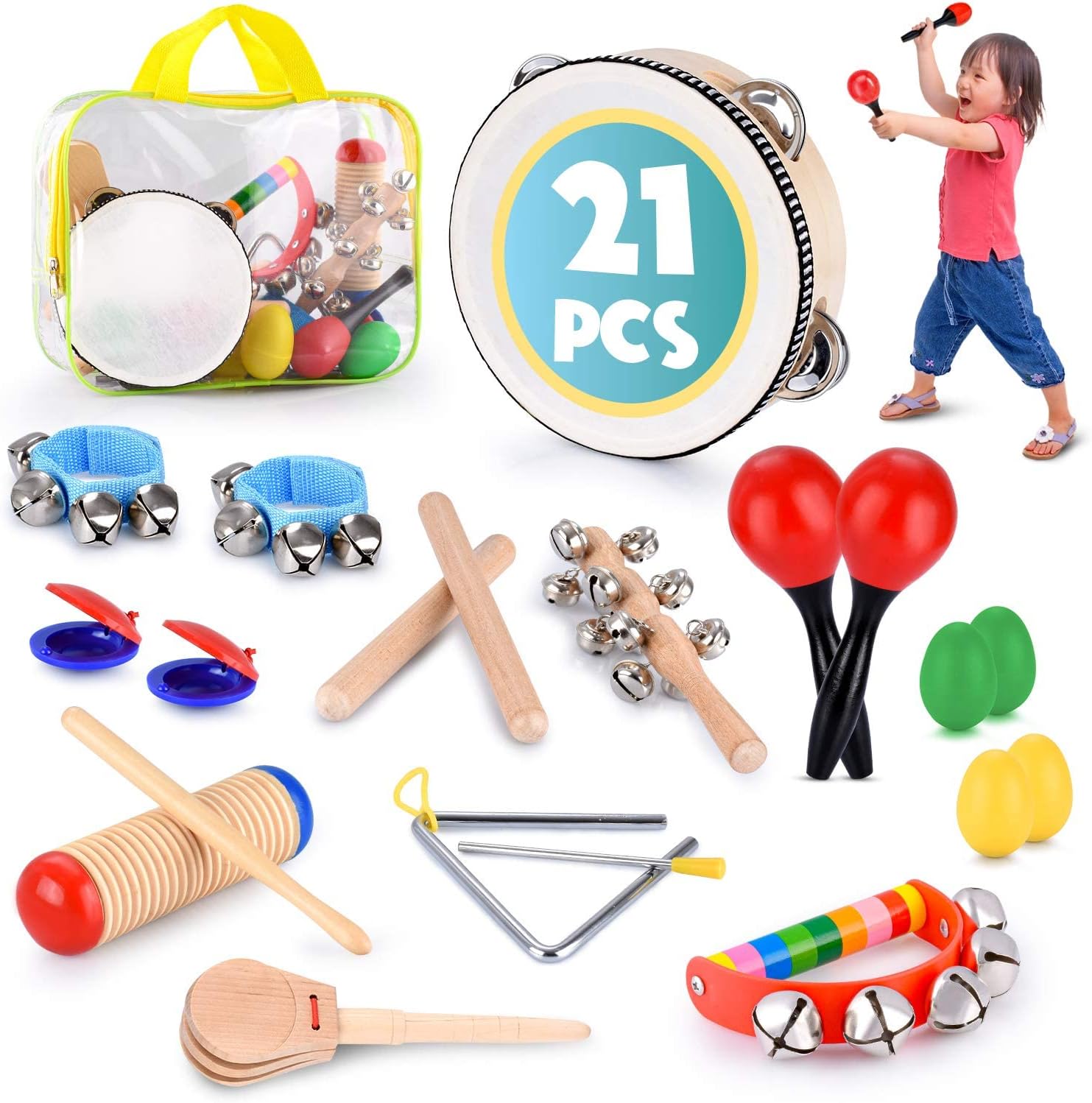 Toddler Educational & Musical Percussion for Kids & Children Instruments Set 21 Pcs – with Tambourine, Maracas, Castanets & More – Promote Fine Motor Skills, Enhance Hand to Eye Coordination,