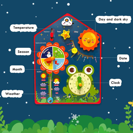 Wooden Toys for Toddler - Kids Calendar Clock Learning Board - Includes Weather, Clock, Seasons Learning Busy Board Education Toys for Boys and Girls 3 4 5 6