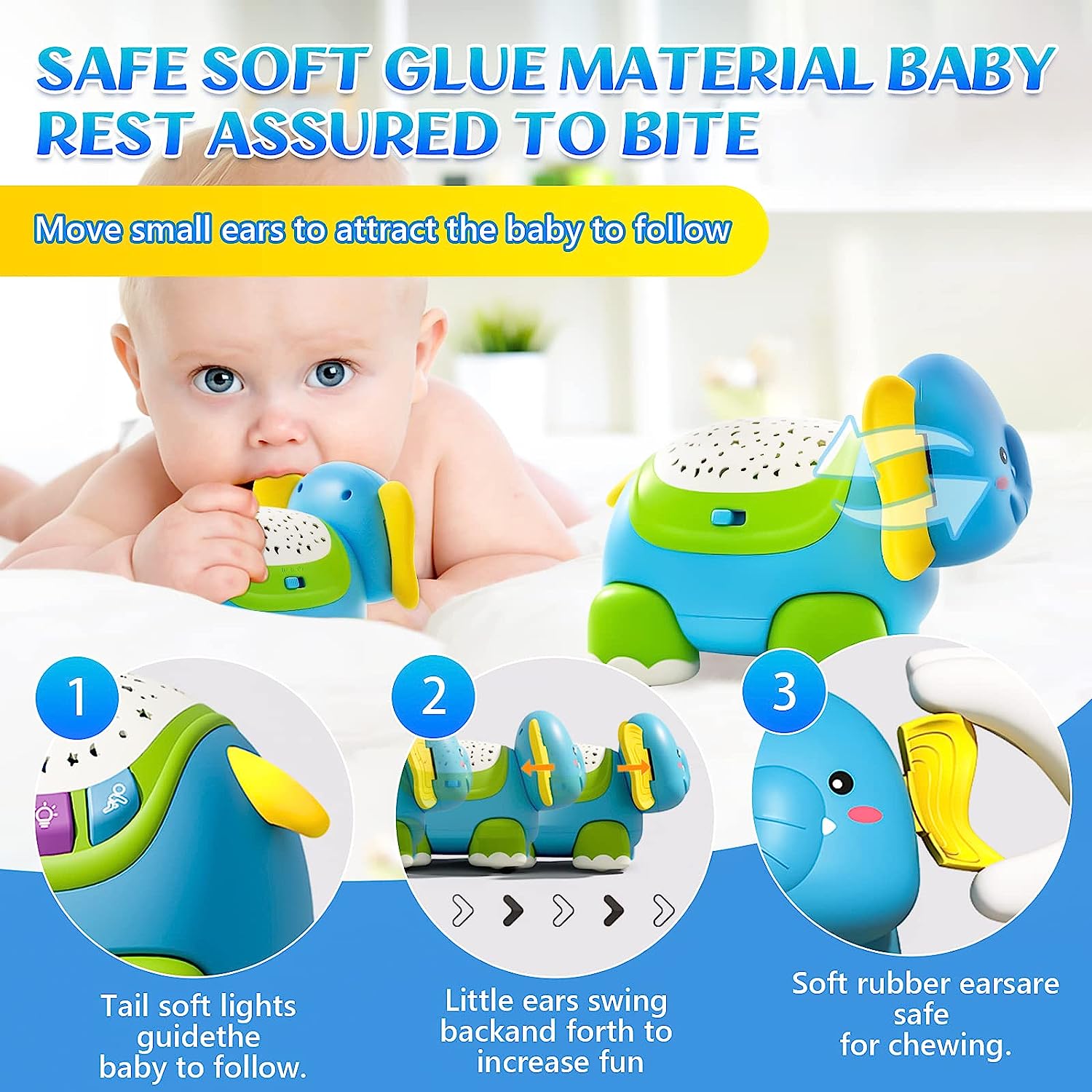 Baby Toys Musical Elephant Crawling Baby Toys with Light & Music& Projection, Infant Toy for Toddler Boy Girl, Fun Moving Obstacle Avoidance Toy Early Learning Educational Toy Gift for Babies