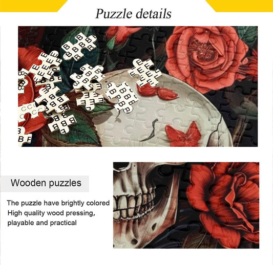Wooden Jigsaw Puzzle 500 Pieces Red Rose and Skull Print, Zigsaw with Alphabet Partition Storage Bag Easy to Solve for Adults
