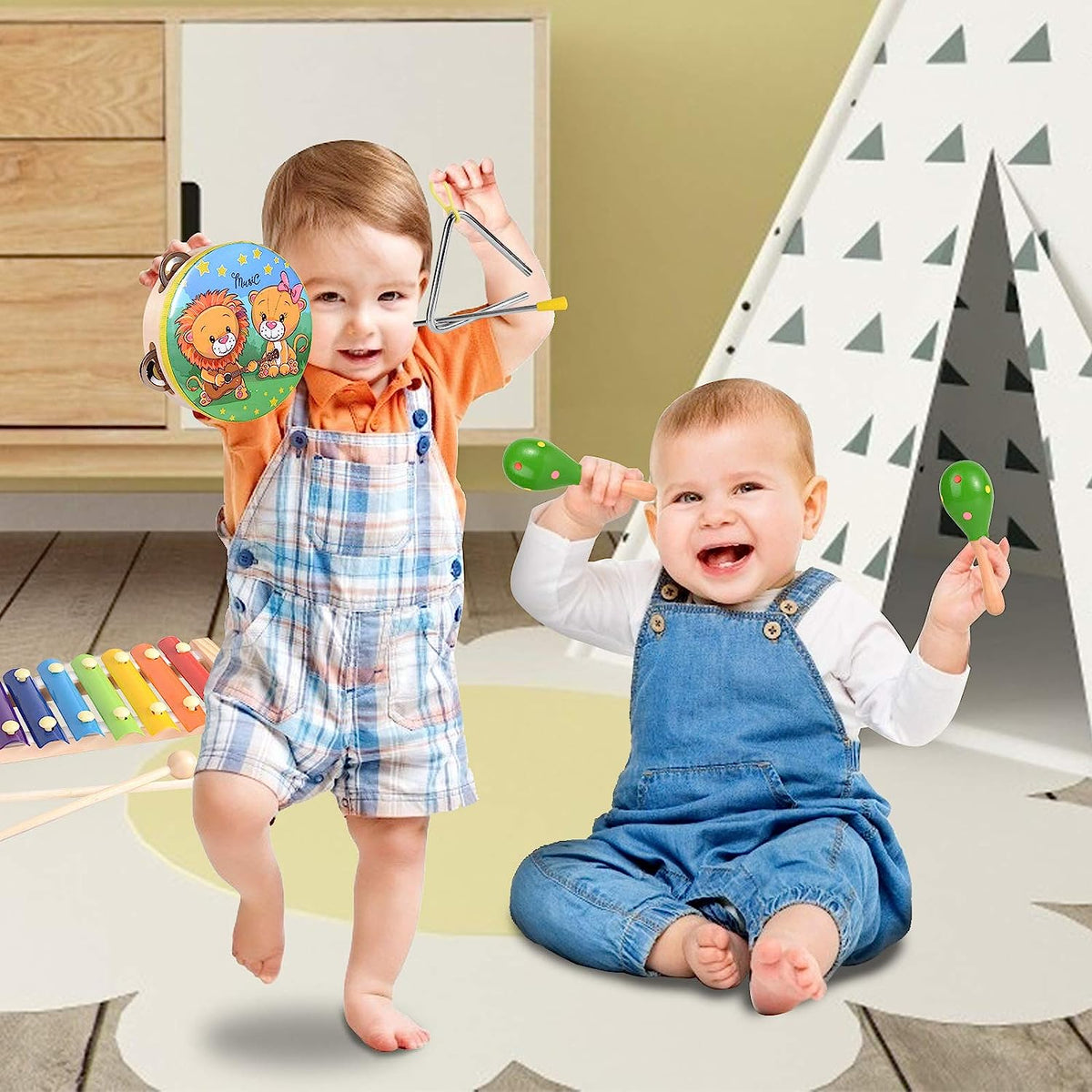 Baby Musical Toys for Toddlers Kids Musical Instruments Set, Wooden Percussion Instruments Set Wooden Xylophone Maracas Shakers Learning & Education Toys for Birthday Gifts