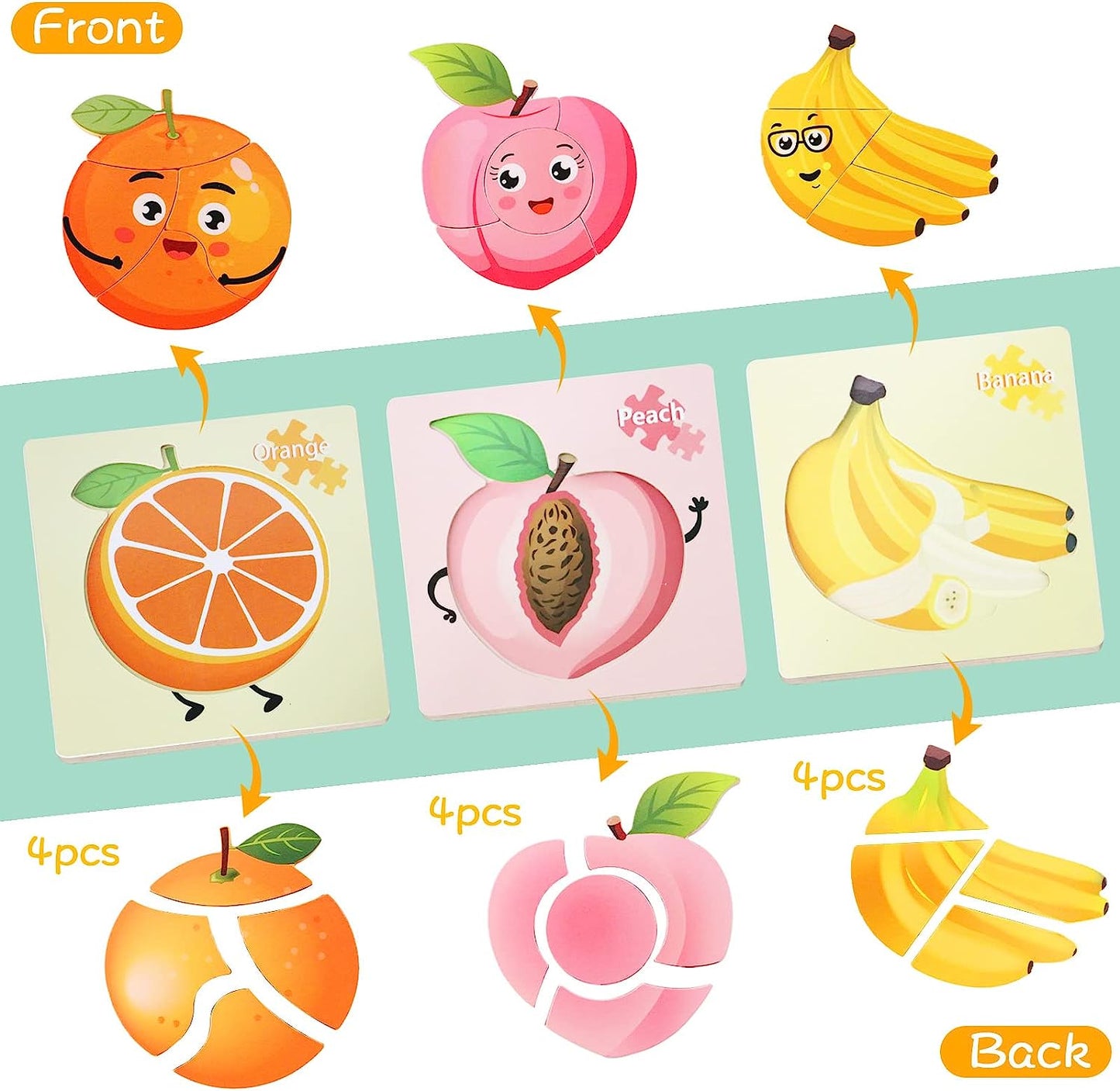 Full Display Wooden Toddler Fruit Jigsaw Puzzles Sensory Toys for 1 2 3 4 Year Old Boy Girl Preschool Learning Resources Activities Educational Fun Game Baby Toys Chris as Birthday Gifts