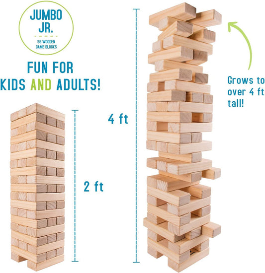 Giant Tumbling Timber Toy - Jumbo JR. Wooden Blocks Floor Game for Kids and Adults, 56 Pieces, Premium Pine Wood, Carry Bag - Grows from 2-feet to Over 4-feet While Playing, Life Size Yard Tower Game