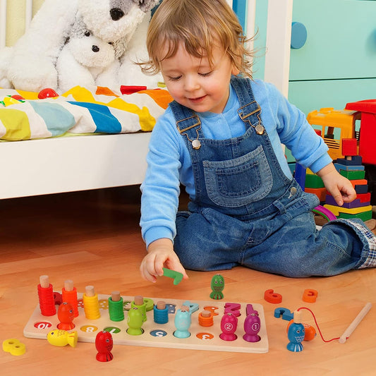 Toys Number Puzzle - Wood Math Shape Puzzle Fishing Game Color Sorting Preschool Stacking Blocks for Toddler Puzzles Toys Learning Math Number Toy for 2 3 4 5 Years Old