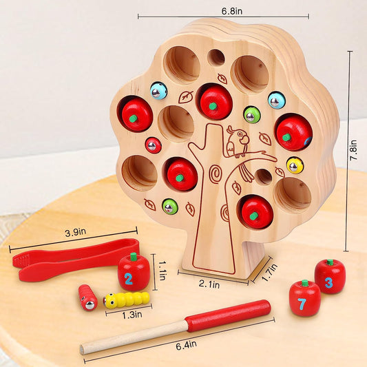 Toys for 1 2 3 Years Old Kids - Wooden Learning Fine Motor Skills Includ Pick Up Apple Magnetic Worms Game Educational Toys - Chris as Birthday Gift for Toddlers Age 12+ Months