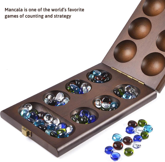 Wooden Mancala Board Game Set with 72+8 Bonus Multi Color Glass Stones - Folding Board - Mancala Instructions - Gift Package, Classic Family Board Game for Ages 6 to Adults, Tabletop Version
