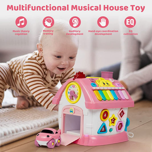 Toys for 1+ Year Old Girl, Toddlers Toys with Sound/Lights/Music/Clock/Telephone/Car 6 in 1 Multi-Functional House, Early Educational Musical Toy Gift for Girl and Boy