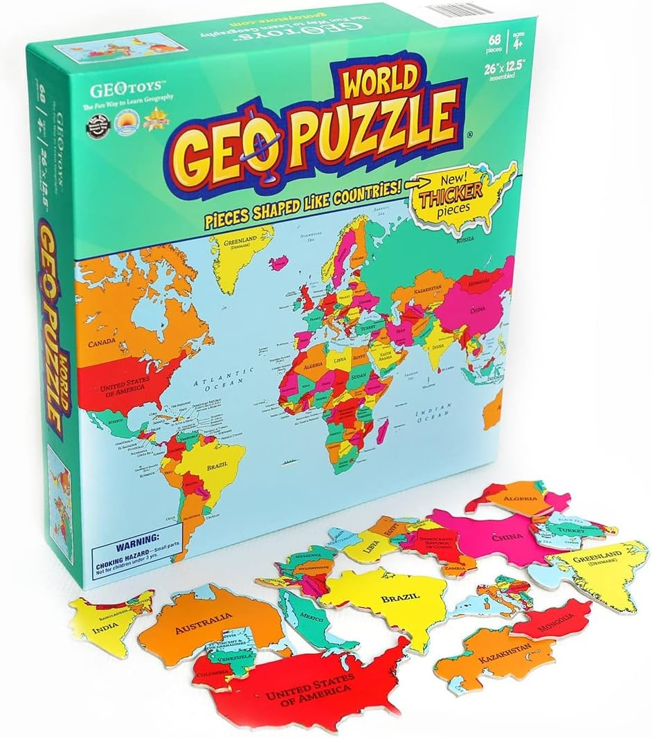 GeoPuzzle World — Educational Kid Toys for Boys and Girls, 68 Piece Geography Jigsaw Puzzle, Jumbo Size Kids Puzzle — Ages 4 and up