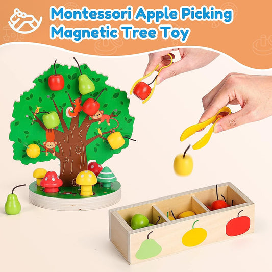 Toddler Fine Motor Skill Toy - Apple Picking Magnetic Fruit Tree Toy | Wooden Color & Shape Sorting Puzzle | Early Learning Preschool Educational Gift Toy for Kids 3 4 5 6 Years Old