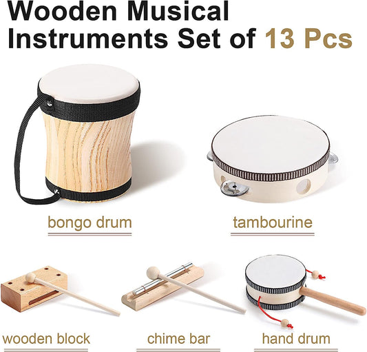 Musical Instruments Set Natural Wooden Musical Toys Preschool Educational Music Toys Set Bongo Drum Musical Instruments for Kids Preschool Educational Learning Toys (Drum, 13 Pcs)