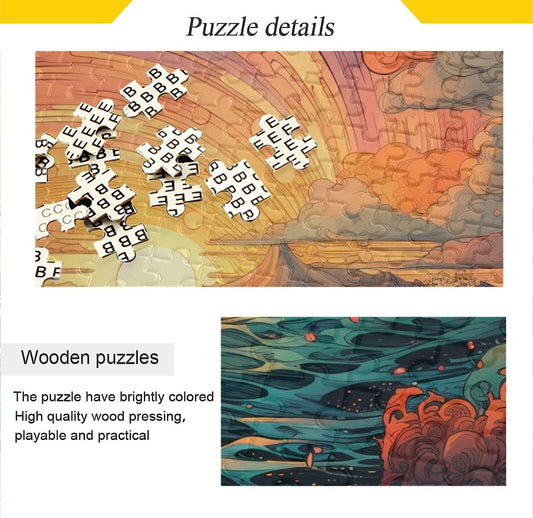 Wooden Jigsaw Puzzle 500 Pieces Ocean Sunset Print, Zigsaw with Alphabet Partition Storage Bag Easy to Solve for Adults