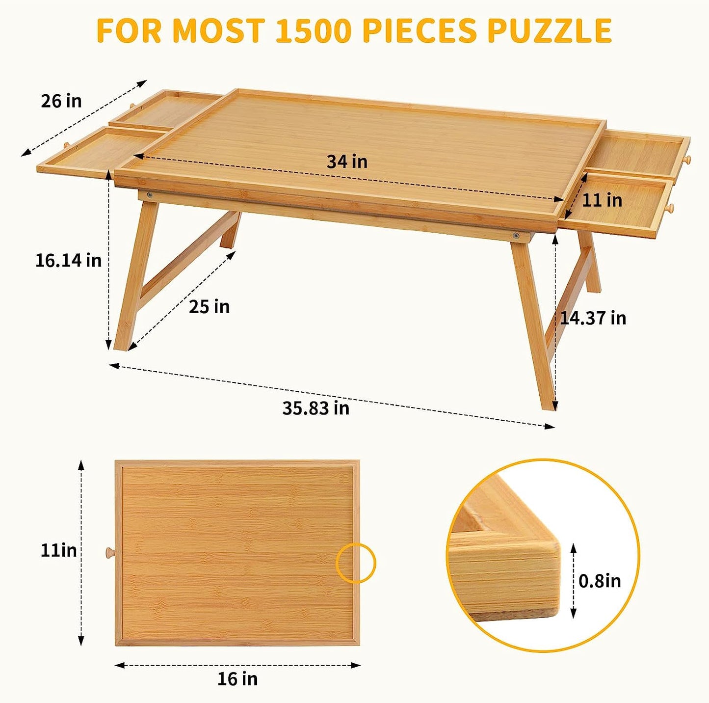 Folding Jigsaw Puzzle Board Table for Adults, 1500 Pieces Portable Puzzle Table with 4 Drawers and Legs, Bamboo Jigsaw Puzzle Table Accessories for Puzzle Storage, 26" x 34" Puzzle Tray Organizer