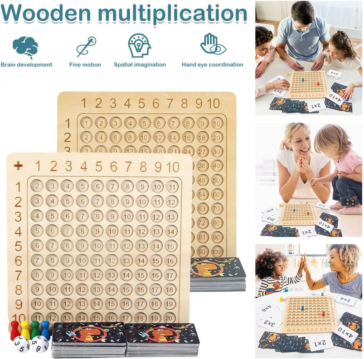 2 Pack Wooden Math Multiplication Board ＆ Addition Board, Hundred Board, Math Table Board Game, Creative Educational Preschool Learning Counting Toys for Toddlers Kids Over 3 Years Old