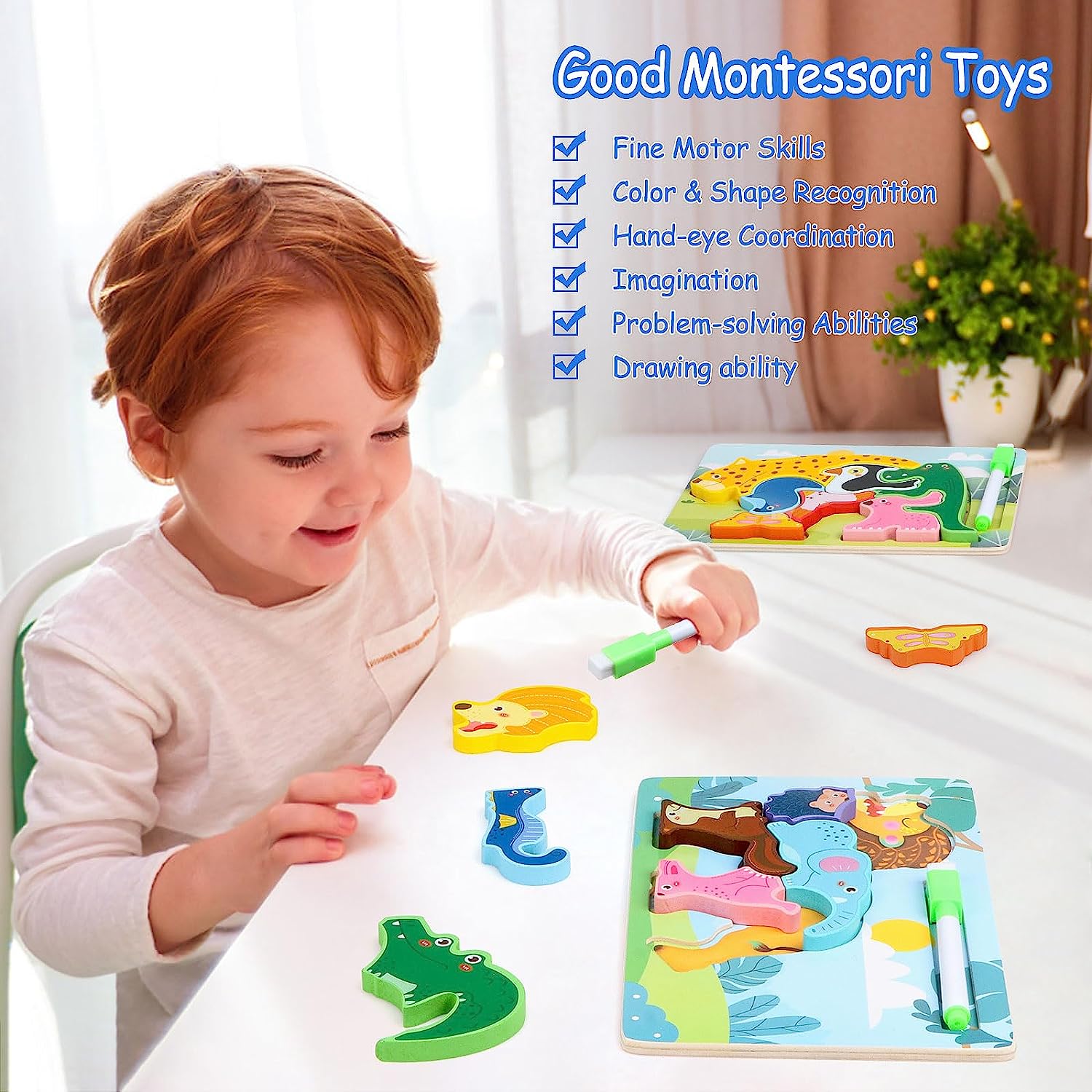 Wooden Puzzles for 3 4 5 Year Old Boys and Girls, Wooden Animal Puzzles as Toys for Boys and Girls Ages 3-6, 6 Animal-Shaped Puzzles for Infants and Toddlers Educational Toys