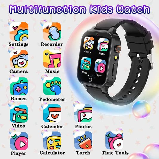 Kids Smart Watch with 26 Puzzle Games Camera Video Music Player Tracking Pedometer Flashlight 12/24 hr Educational Toys, Gifts for Kids Ages 3+Year Olds (Black
