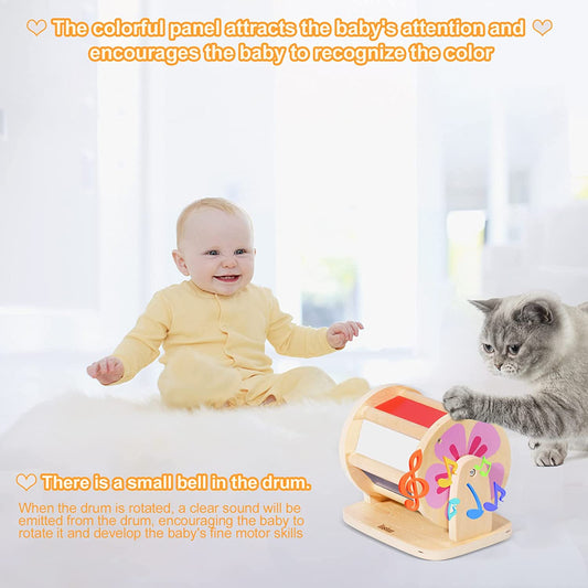 Toys for Babies 6-12 Months, Rainbow Wooden Spinning Drum Toys Baby Sensory Toys for 1 Year Old Baby Infant Tummy Time Toys with Mirror