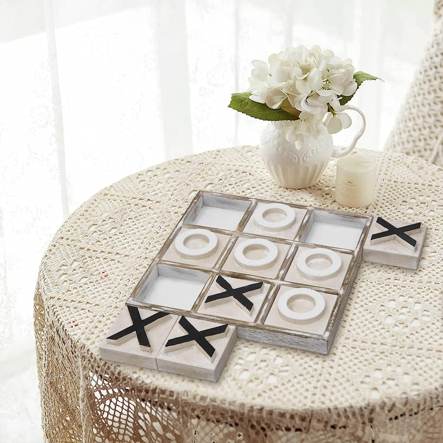 12.6" Large Tic Tac Toe Game, Rustic Wooden Coffee Table Game, Wood Tic-Tac-Toe Board Game with Decor, Family Games for Adult & Kids, Whitewashed