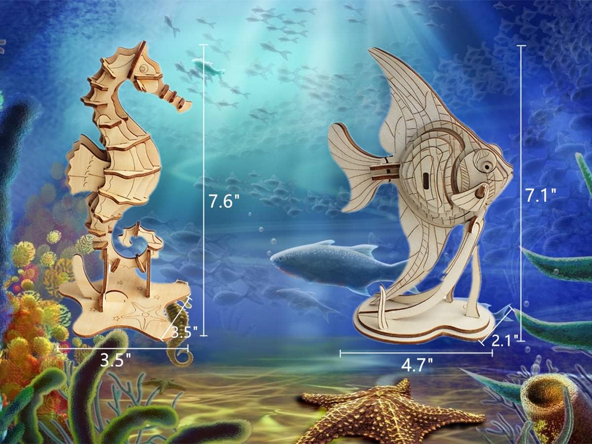 3D Wooden Sea Animal Puzzle - 6 Piece Set Wood Sea Animals Skeleton Assembly Model Kits - Wooden Crafts DIY Brain Teaser Puzzle - STEM Toys Gifts for Kids and Adults Teens Boys Girls
