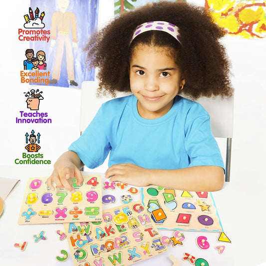 Wooden Peg Puzzles for Toddlers, 3 Pack Wooden Alphabet Numbers Shape Puzzles for Kids 2-4 Years Old, Early Educational Preschool Learning Puzzles Toys for Boys and Girls Ages 1-3