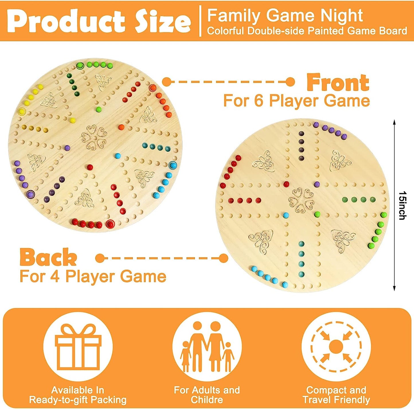 Marble Board Game Wooden Marble Game Wahoo Board Game Fun Chinese Checkers Board Game with 6 Colors 36 Marbles 6 Dice for Adults Family Game Night, Double Sided Painted 6 and 4 Player (Round)