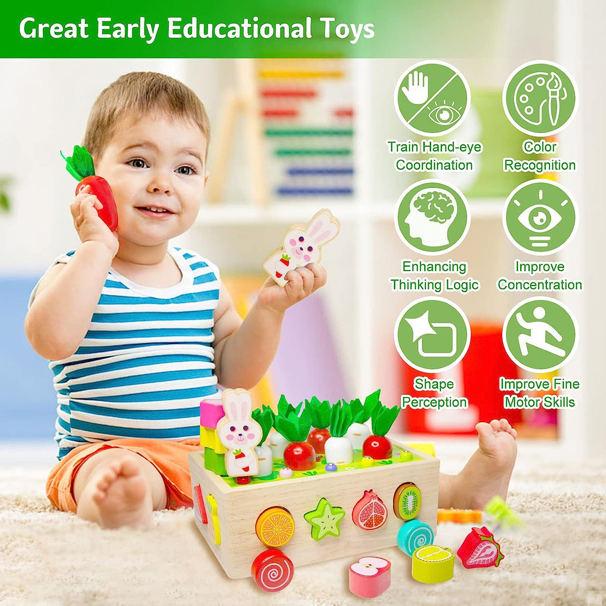 Wooden Toys for 2 3 4 Year Old Toddlers Baby Boys Girls, Carrot Harvest Game Toys, Wooden Educational Shape Sorting Toys Gifts for Kids, Wood Preschool Learning Fine Motor Skills Game Toys